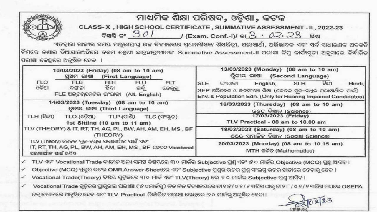 Odisha Matric Exam Schedule 2023